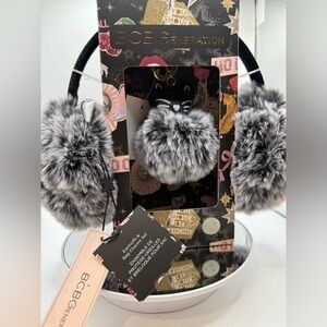 BCBGeneration Black and Gray Faux Fur Earmuffs and bag charm